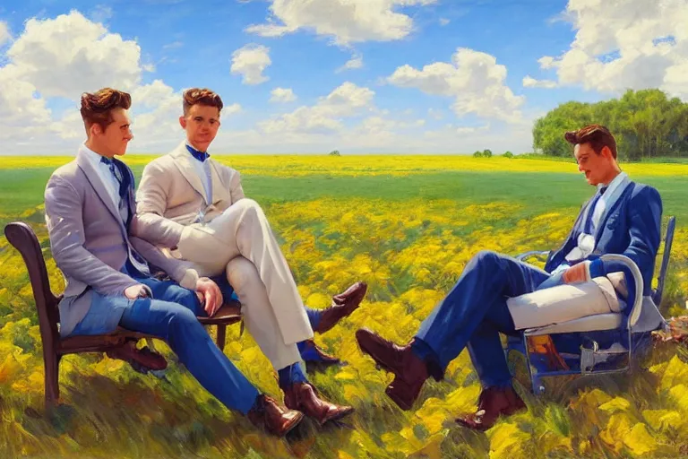 Image similar to 2 attractive men sitting on a coach in flower field, blue sky with clouds, painting by vladimir volegov, j. c. leyendecker, tom of finland, trending on artstation