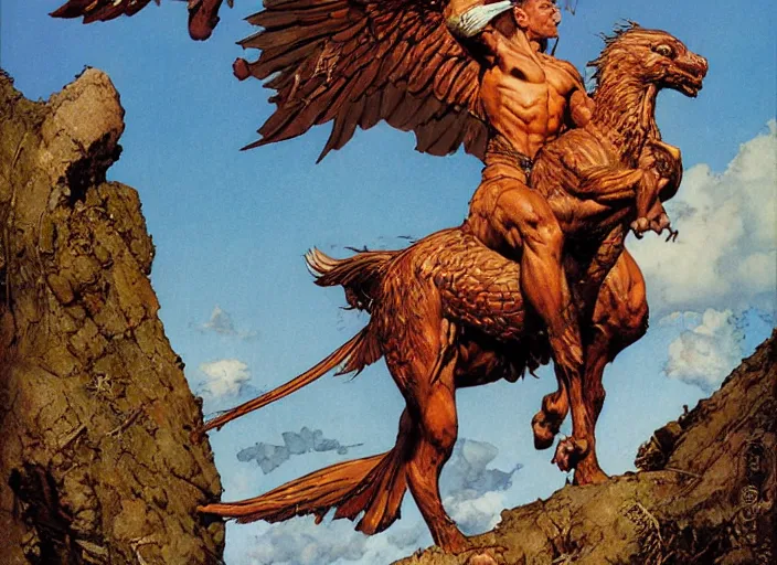 Image similar to portrait of a mythical griffin standing on a rock, by norman rockwell and jesper ejsing and jason fabok and tom lovell and frank schoonover