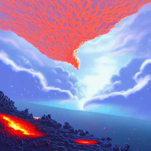 Prompt: lava raining down from sky onto ocean, beautiful detailed pixel art, intricate details, beautiful, dithered gradients, volumetric lighting, cgsociety, artstation, smooth, sharp focus, 2 d illustration, old school computer game graphics, crpg, d & d, pixel art