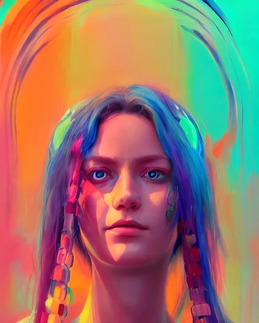 Image similar to colorful character portrait of a female hippie, set in the future 2 1 5 0 | highly detailed face | very intricate | symmetrical | cinematic lighting | award - winning | painted by mandy jurgens | pan futurism, dystopian, bold colors, cyberpunk, groovy vibe, anime aesthestic | featured on artstation