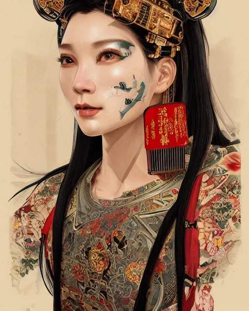 Image similar to upper half portrait of a female robot with machine head gear cyberpunk face accessories, decorated with chinese opera motifs, royal, fine china, wuxia, traditional chinese art intricate intense elegant highly detailed digital painting artstation concept art smooth sharp focus illustration, art by mike nash and artgerm and alphonse mucha and vania zouravliov, 8 k