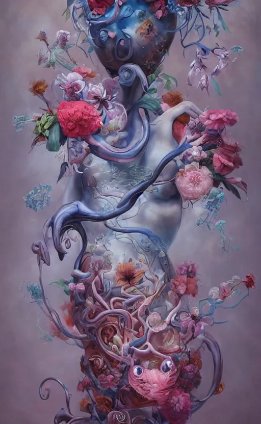 Prompt: a biomorphic painting of a vase with flowers and eyeballs in it, a surrealist painting by Marco Mazzoni, by Peter Mohrbacher, by Dorothea Tanning, pastel blues and pinks, featured on artstation, metaphysical painting, oil on canvas, fluid acrylic pour art, airbrush art,