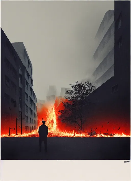 Prompt: city overgrowth on fire + a lone man + (((school of fish flying in the sky))) + (((habitat 67))), Mads Berg, Karolis Strautniekas, film noir, textured light, dramatic lighting,editorial illustration, detailed,fine texture, matte print, dark blue + dark orange, red, black, extreme perspective, volumetric