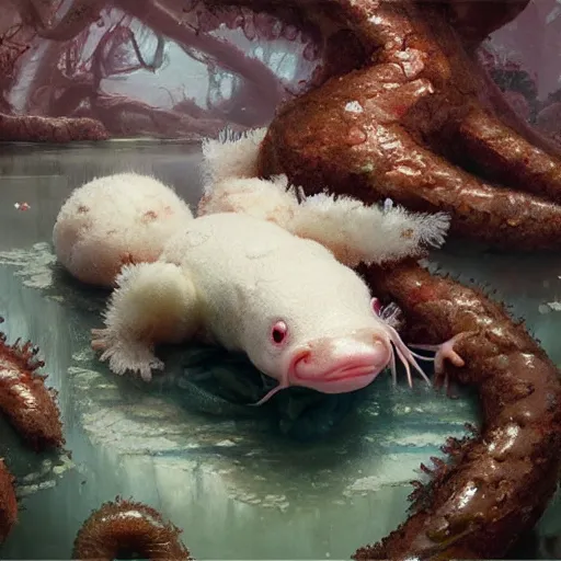 Image similar to Cute adorable sweet marshmallow axolotl crawling from a cacao swamp, salamander, candy world, oil painting, by Greg Rutkowski