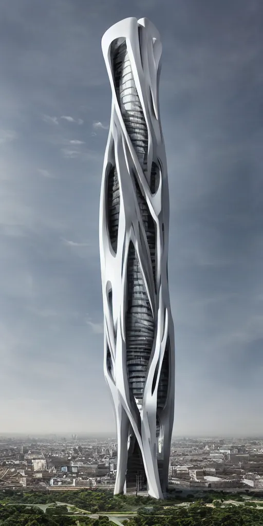 Image similar to epic futuristic tower, highly detailed, realistic, by zaha hadid