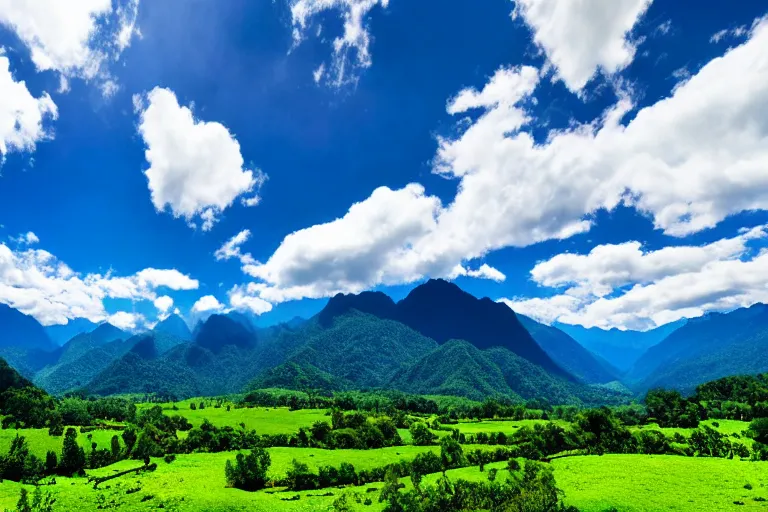 Image similar to wide, lush scenic landscape, grand majestic mountains, valley, blue sky, white clouds, professional photography, realistic, highly detailed, 8 k