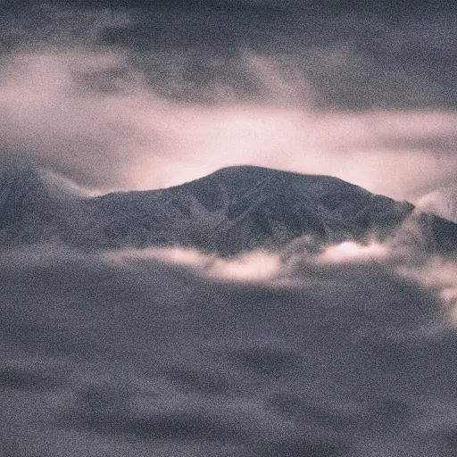 Prompt: mountains of light under a bright cloudy sky, overexposed grainy photograph