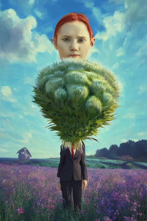 Image similar to portrait, enormous thistle flower under the head, a girl in a suit in field of flowers, surreal photography, sunrise, blue sky, dramatic light, impressionist painting, digital painting, artstation, simon stalenhag