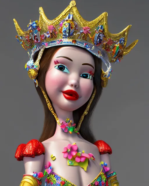 Image similar to closeup face profile portrait of a tin toy fairytale princess wearing a crown eating cakes, bikini, depth of field, zeiss lens, detailed, symmetrical, centered, fashion photoshoot by max fleischer, hyperrealistic, octane render