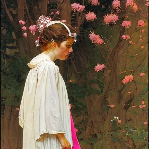 Prompt: a frontal portrait of a young priestess, dressed in white and pink, ( so happy, her face hurts ), by donato giancola and norman rockwell.