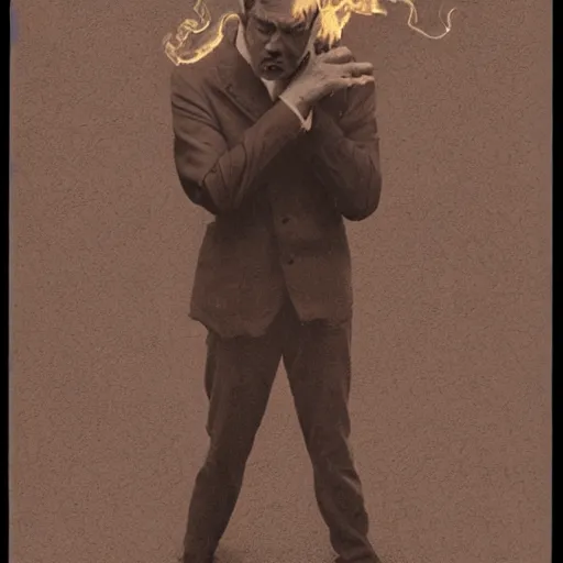 Prompt: a vintage photograph of a man with their head on fire. in the style of frank cho and casey baugh