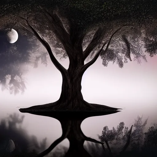 Image similar to a girl sits on the roots of an ancient tree looking at the reflection of the moon in a pond, the moon can be glimpsed through the trees, towering forest veiled by fog, dark fantasy, night time, realistic painting