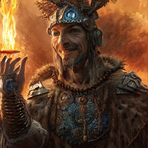 Prompt: HDR, realistic, high depth of field portrait of muscular male human latino short-haired sun cleric druid shaman with firefox pet, flame conjuring armored, highly detailed, moody face expression, intricate image by Andrei Riabovitchev, Shaun Tan and Peter Mohrbacher, matte painting