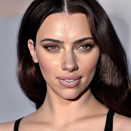 Image similar to a woman who is a genetic combination of kim kardashian and kat dennings and scarlett johansson and margot robbie and emma watson, face and upper - body focus