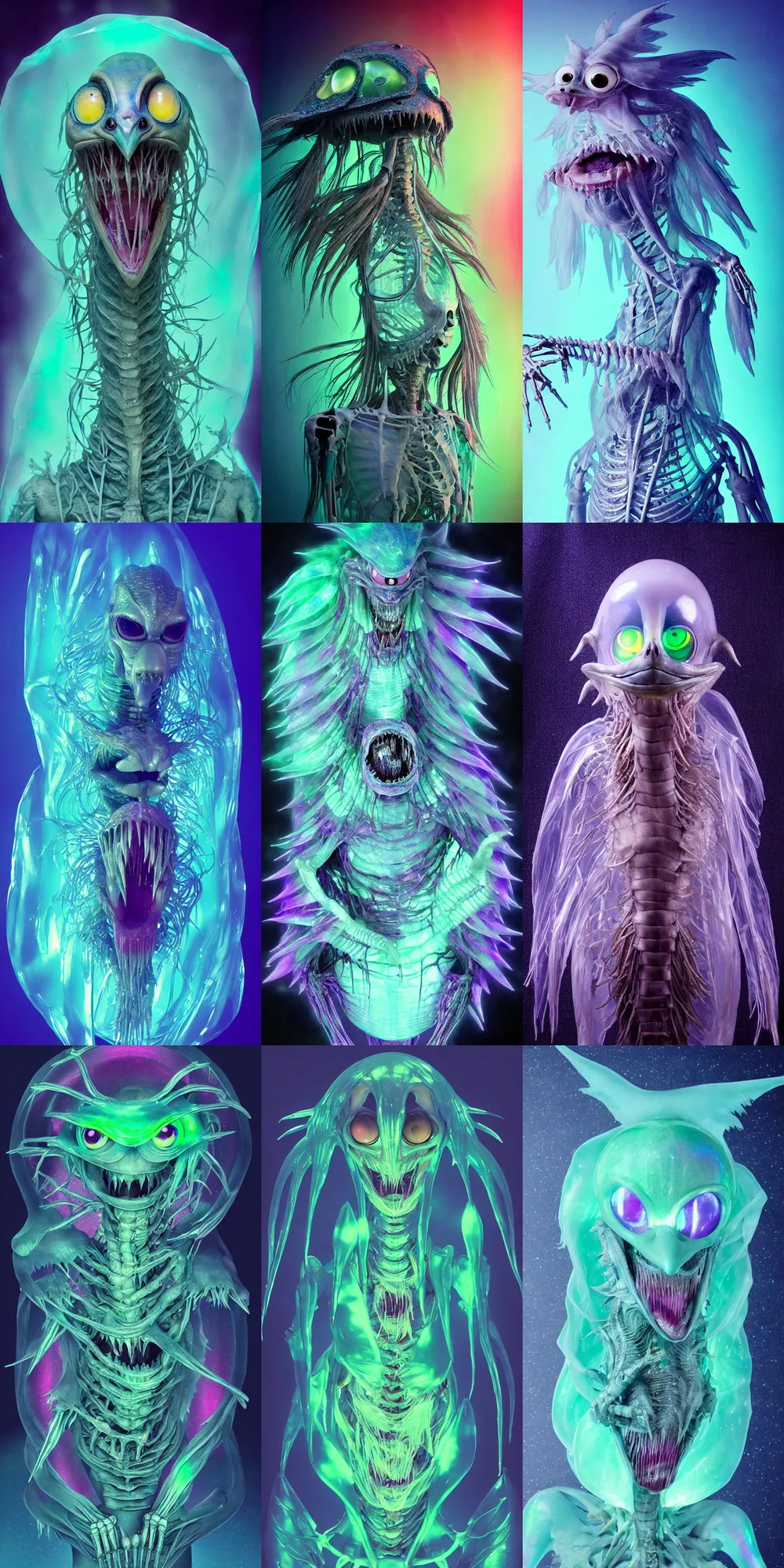 Prompt: kawaii image of a silly sci - fi saliva skeksis creature, iridescent membranes, gaping gills and baleen, translucent skin shows haunting skeletal details in front of dark pastel and halogen bokeh lights, eerie, occult, gelatinous with teeth