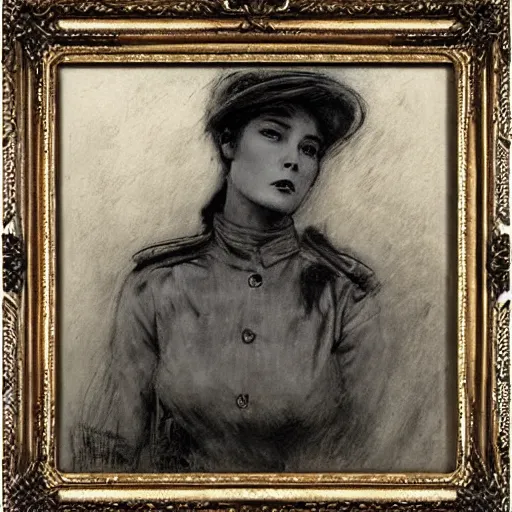 Image similar to ww 1 action heroine by alfred stevens in charcoal