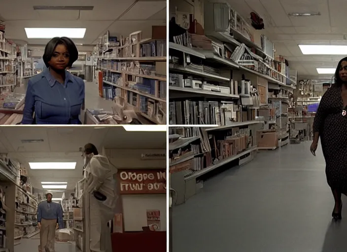 Image similar to cinematic wide shot of backlit windows of a narrow used electronics store, octavia spencer wanders the messy aisles, keyboards, iconic scene from the paranoid thriller sci fi film directed by pt anderson, anamorphic cinematography, beautiful composition, color theory, leading lines, photorealistic, volumetric lighting