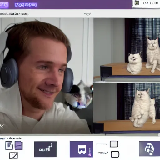 Image similar to screenshot of stream on twitch. tv, white cat wearing headphones in room