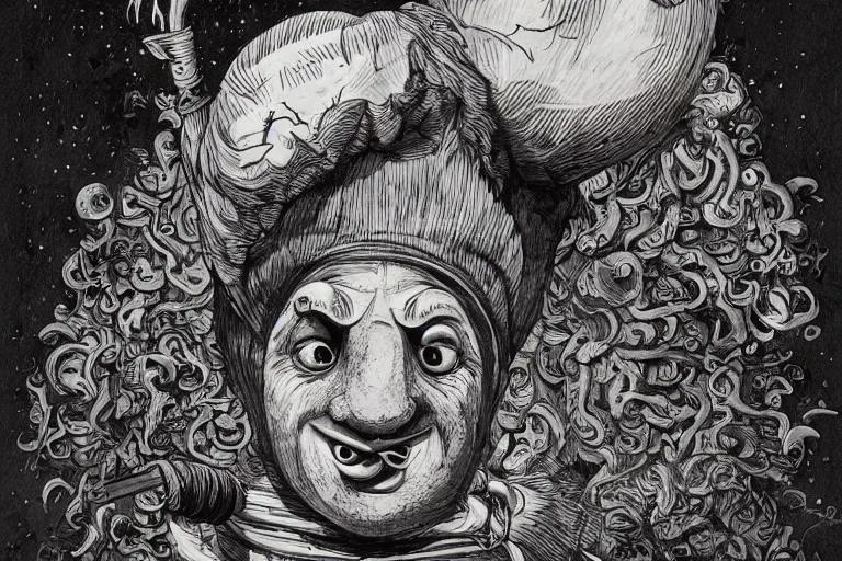 Image similar to a highly detailed pulcinella!! from naples, pizza!, volcano, black sky, smoke, fire lava, post - apocalyptic road warrior vibe, full body, wide angle, an ultrafine detailed painting by joe fenton, trending on deviantart, whimsical, lowbrow, perfect symmetrical face, sharp focus, octane, masterpiece