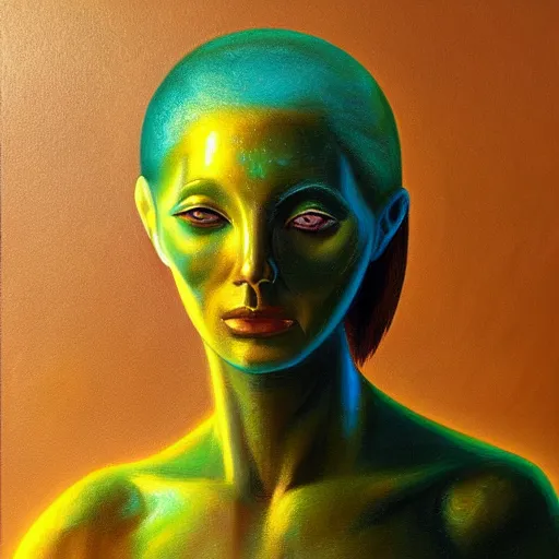 Image similar to a beautiful Pleiadian human-alien hybrid woman, oil painting, featured on artstation