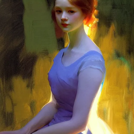 Image similar to yanjun cheng portrait of a beautiful princes, neon dress, by norman rockwell, bouguereau