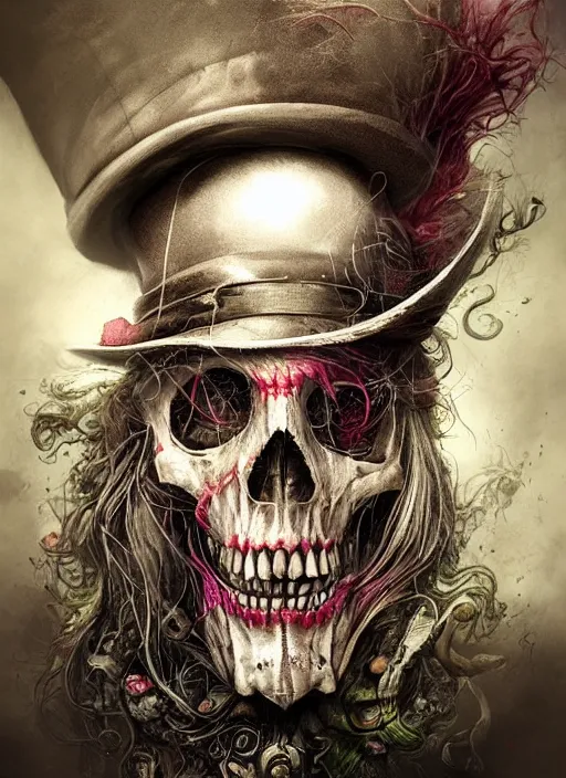 Image similar to mad hatter, call of cthulhu, half skull half face, highly detailed, cinematic, 8 k, by megan duncanson, benjamin lacombe, adrian borda, stanley artgermm, tom bagshaw, craig mullins, carne griffiths, ayami kojima, beksinski, giger, trending on deviantart, hyper detailed, horror, full of colour