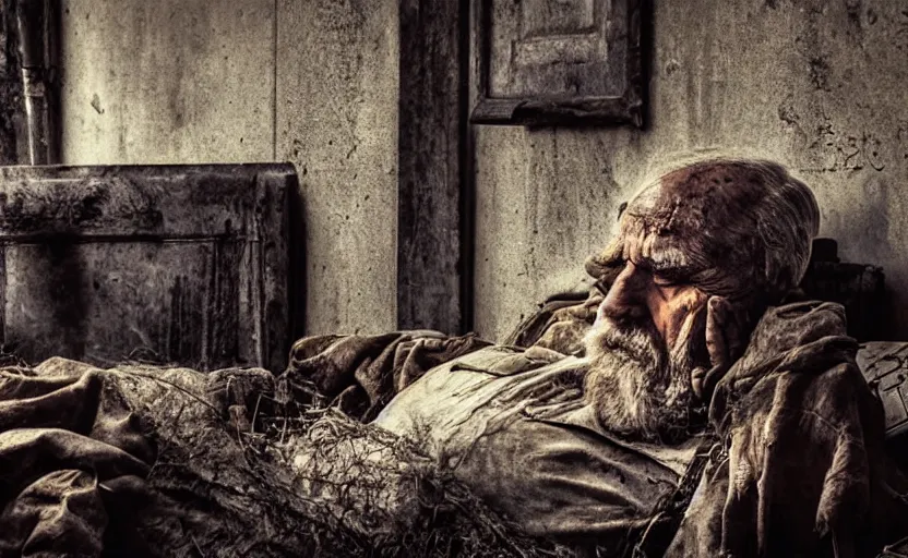 Image similar to ancient old man sleeping inside, mech, ww 3, resting, gritty, apocalyptic, poster