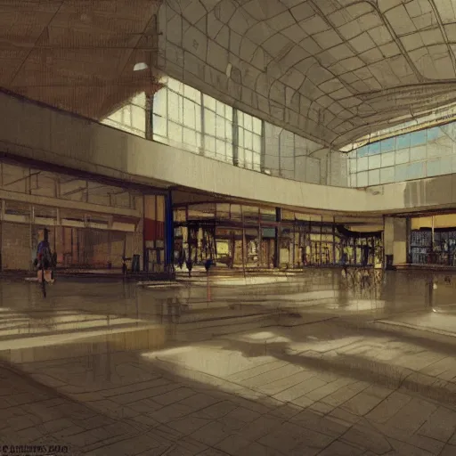 Image similar to concept art of an empty mall from the 1 9 8 0 s, by greg rutkowski