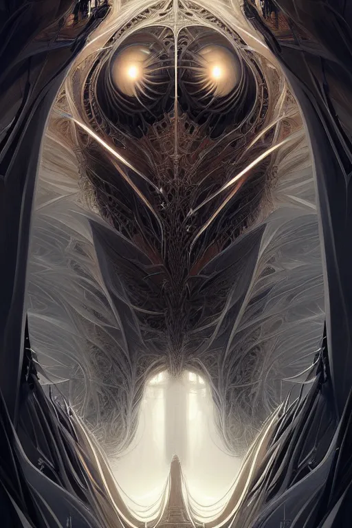 Image similar to professional concept art symmetrical portrait of a terrifying! mechanical predatory fractal! species in a dark room by artgerm and greg rutkowski. an intricate, elegant, highly detailed digital painting, concept art, smooth, sharp focus, illustration, in the style of cam sykes.