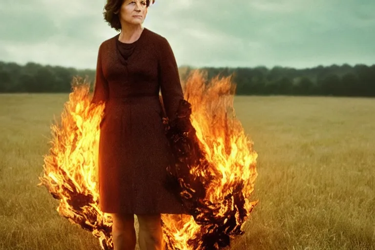 Prompt: a cinematic headshot portrait of a middle aged woman, stood in a field on fire, ultra realistic, depth, beautiful lighting, by annie leibovitz