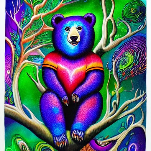 Image similar to a painting of a bear in a tree, an airbrush painting by lisa frank, trending on deviantart, psychedelic art, detailed painting, airbrush art, acrylic art