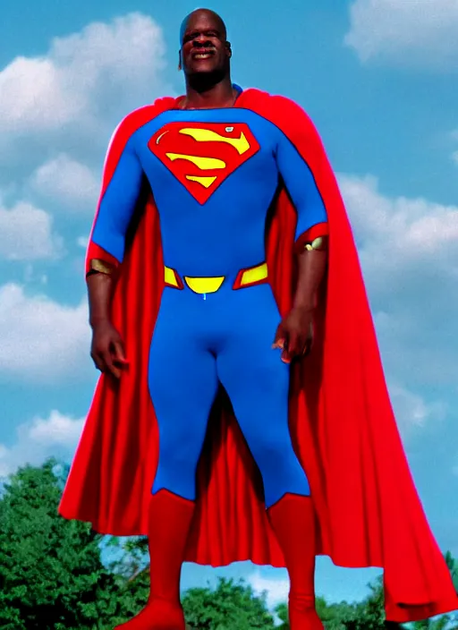Prompt: film still of Shaquille O'Neal as Superman in Superman, 4k