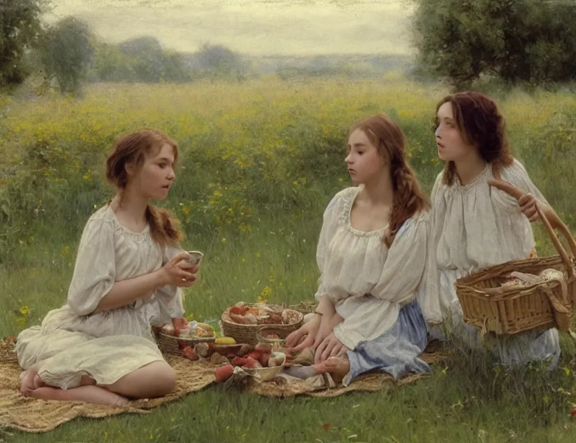 Image similar to 2 peasant girls on a picnic, cottage core, cinematic focus, polaroid photo bleached vintage pastel colors high - key lighting, soft lights, foggy, by steve hanks, by lisa yuskavage, by serov valentin, by tarkovsky, 8 k render, detailed, oil on canvas