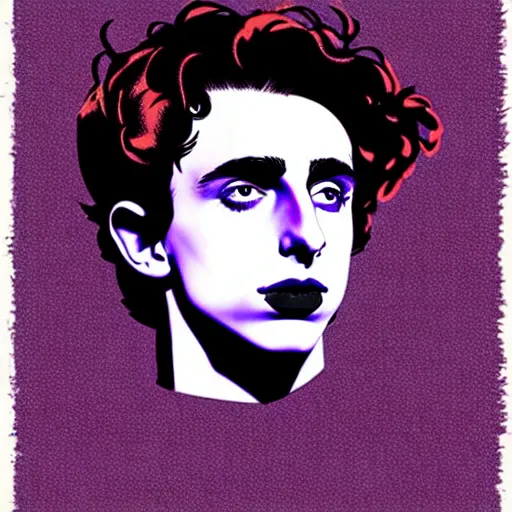 Prompt: vector art solarized screenprint of timothee chalamet as dream of the endless ( sandman ) by brian bolland and andy warhol