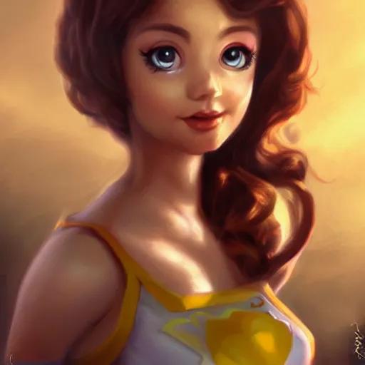 Image similar to princess daisy from super mario as realistic cute brunette human character art portrait, matte fantasy painting, deviantart artstation, by jason felix by steve argyle by tyler jacobson by peter mohrbacher, cinema c 9. 0