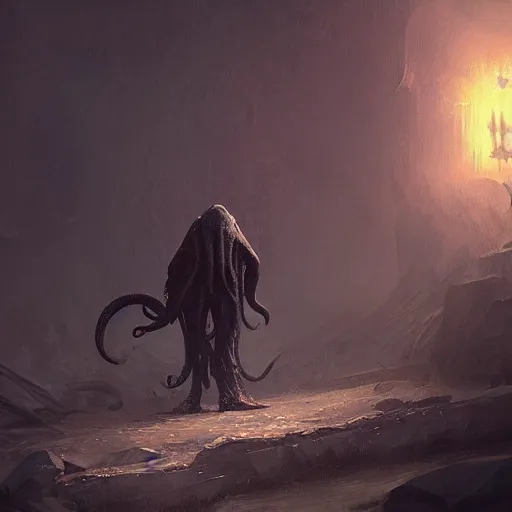 Prompt: a boy confronting cthulhu, by greg rutkowski