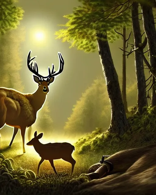 Image similar to a large potato shooting a deer with a rifle in the woods with sun high above and cloudy, ultra realistic, concept art, intricate details, highly detailed