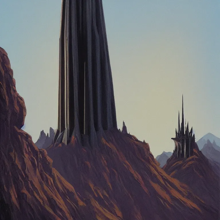 Image similar to tower of Sauron, Middle Earth, Lord of the Rings, designed by Apple, painted by Edward Hopper, painted by James Gilleard, airbrush