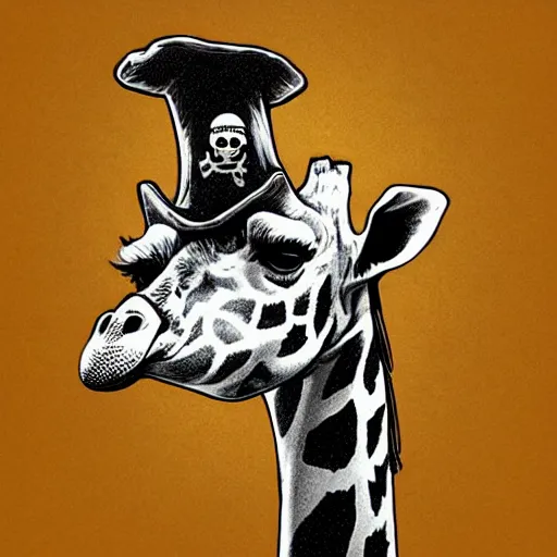 Prompt: giraffe wearing a pirate hat, highly detailed, smooth, artstation, comic inks