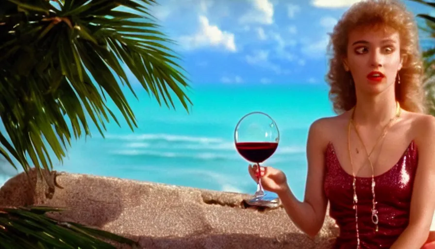 Prompt: 1 9 8 6 movie screencap of a girl with a glass of wine on a mediterranean mansion, gucci clothes, sparkles sky, beach and tropical vegetation on the background major arcana sky and occult symbols, extremely ultra high quality photo 8 k