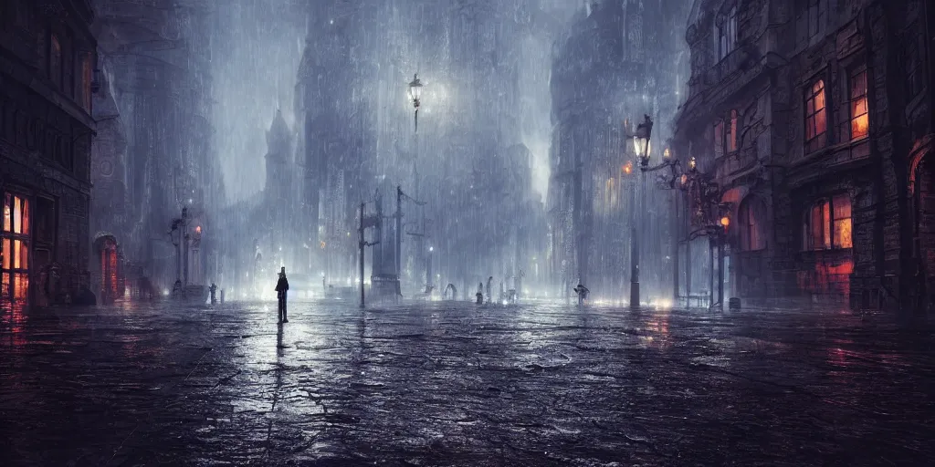 Image similar to A hauntingly beautiful city in a dark cavern, rainy and gloomy atmosphere, fantasy digital art, octane render, beautiful composition, trending on artstation, award-winning photograph, masterpiece