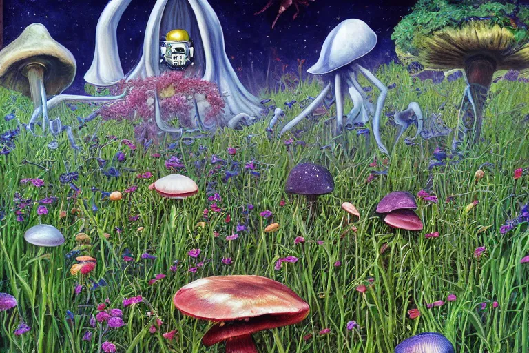 Prompt: surreal painting by chesley bonestelll!!, a lot of jungle wild flowers + poison toxic mushrooms + long grass + broken droid + garden dwarf + mystic fog, 9 0's vintage sci - fi style, rule of third!!!!, line art, 8 k, super detailed, high quality