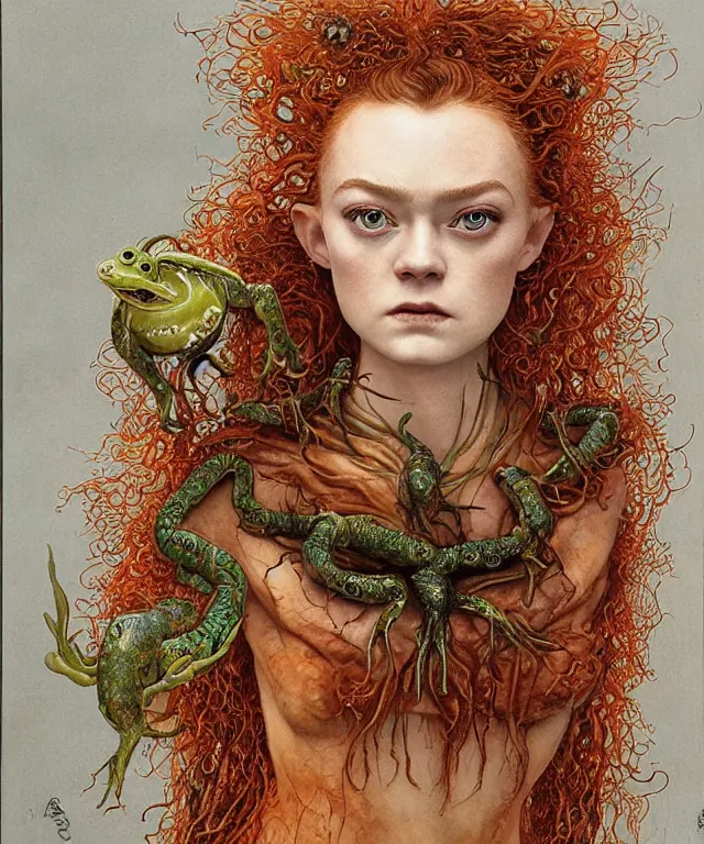 Prompt: portrait photograph of a fierce sadie sink as an alien harpy queen with slimy amphibian skin. she is trying on bulbous slimy organic membrane fetish fashion necklace and transforming into a fiery succubus amphibian villian medusa. by donato giancola, walton ford, ernst haeckel, brian froud, hr giger. 8 k, cgsociety