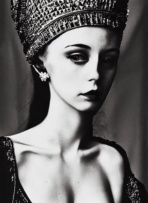 Image similar to portrait of young woman in renaissance dress and renaissance headdress, art by helmut newton