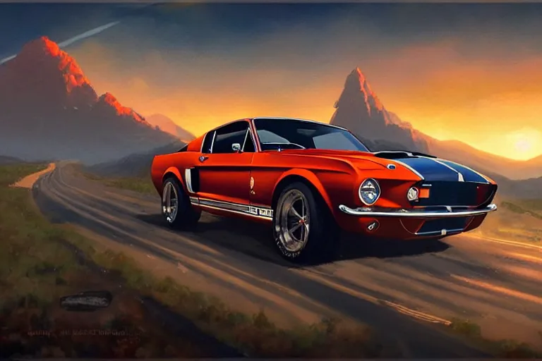 Image similar to a 1 9 6 7 shelby gt 5 0 0 driving down a long country road, coriolios rpg art style, full of details, warm sunset colors, matte painting, artstation, 8 k, hyperrealistic, style of peter mohrbacher, album cover, extreme long shot, mountains, panoramic, wide shot