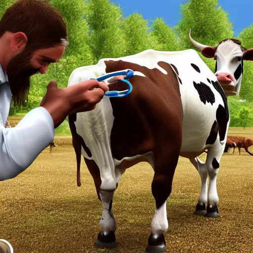 Image similar to detailed drake milking a cow, ultra realistic, 8 k, ultra details, highly detailed face, sharp focus