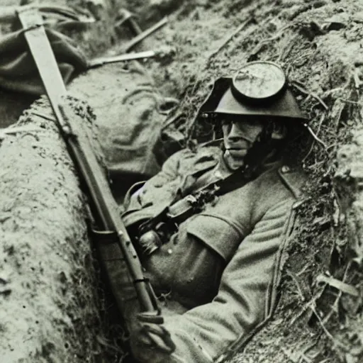 Image similar to a german world war 1 soldier in a trench staring at the camera, there are dead corpses around him, taken by a world war 1 camera.