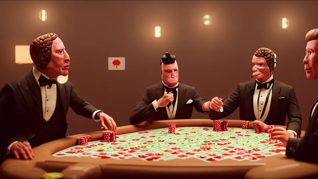Prompt: hyperrealism simulation highly detailed human turtles'wearing detailed tuxedos and smoking, playing poker in sitcom scene from cyberpunk movie from future by wes anderson and denis villeneuve and mike winkelmann rendered in blender and octane render