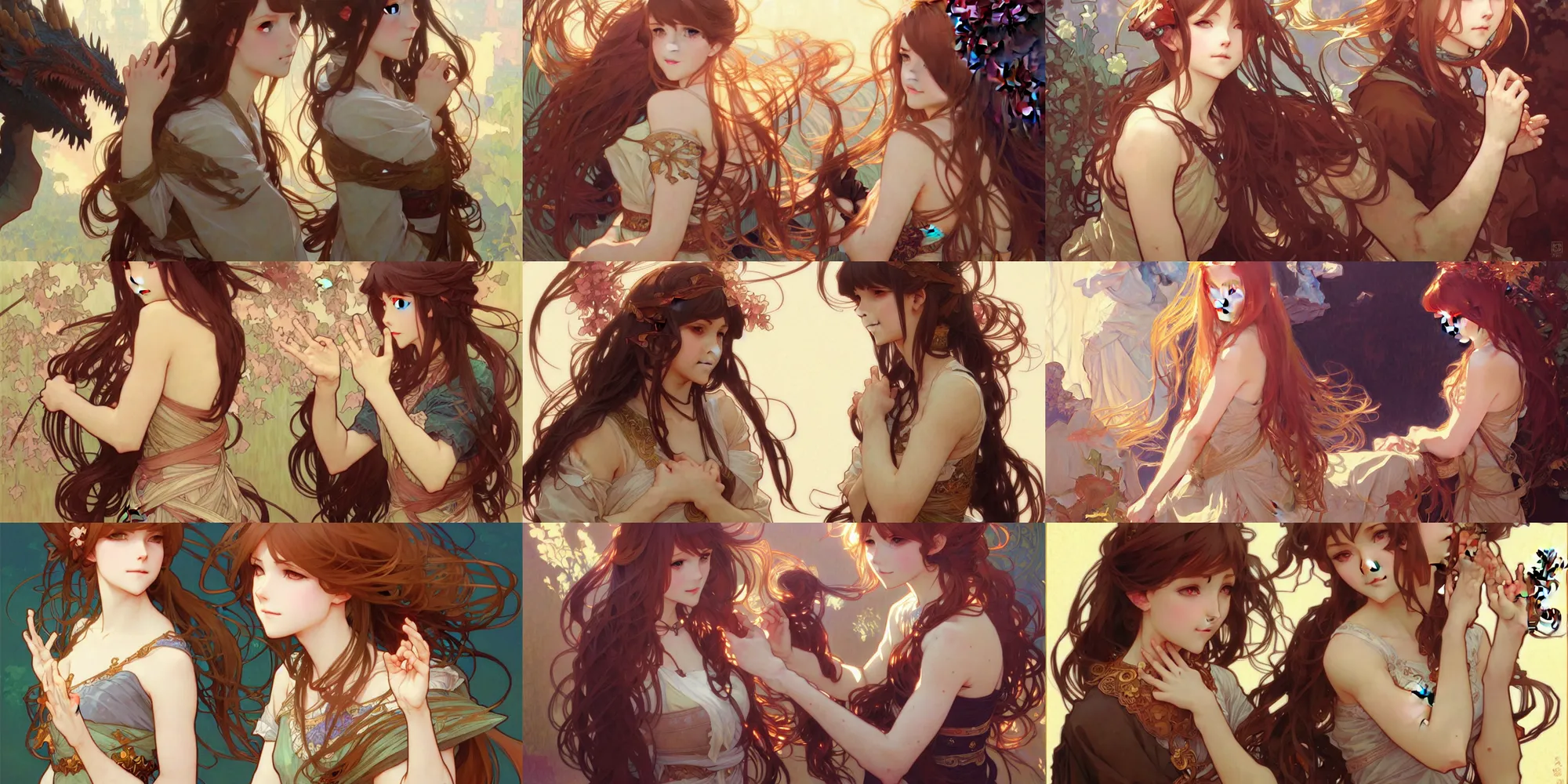 Image similar to girl petting a dragon intricate illustration by krenz cushart, alphonse mucha, trending on artstation