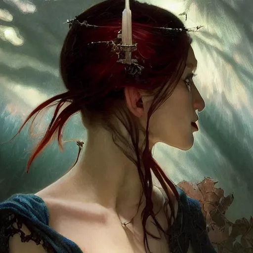 Image similar to portrait of a menacing beautiful vampire, head only, headshot, detailed and clear eyes and mouth, blinding white hair by Stanley Artgerm Lau , greg rutkowski, thomas kindkade, alphonse mucha, loish, norman rockwell, J. C. Leyendecker. hair waving in the wind, pale skin, sinister complexion, thorn crown, image bordered by thorns, thorn background. D&D, fantasy. Trending on artstation rule of thirds extremely detailed illustration hd 4k